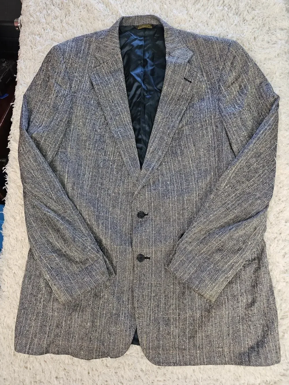Vintage Hunter Haig Stadiems Herringbone Tweed Sport Coat Blazer Grey USA 48L